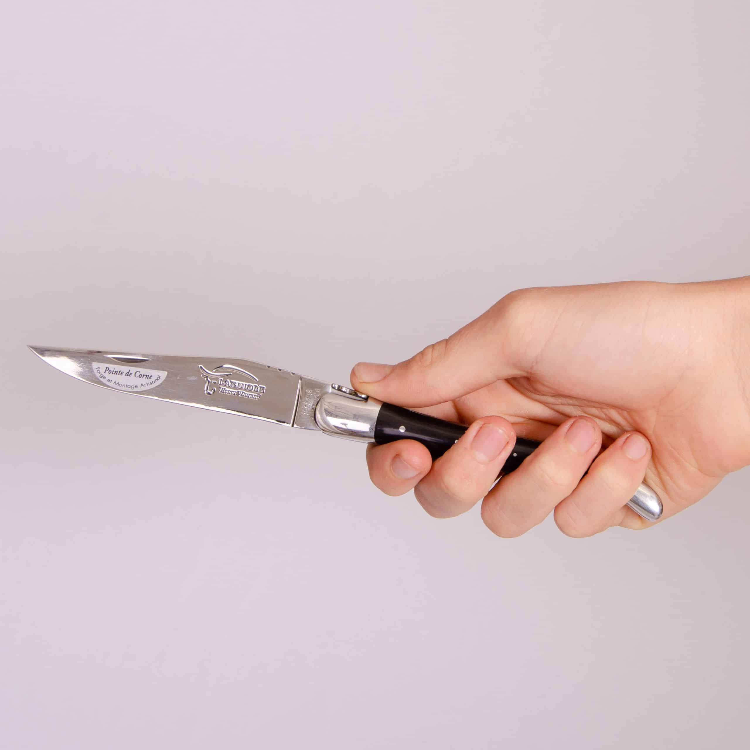 Couteau laguiole pliant, 12 cm, mitres inox, manche pointe de corne – Made in France – Image 6